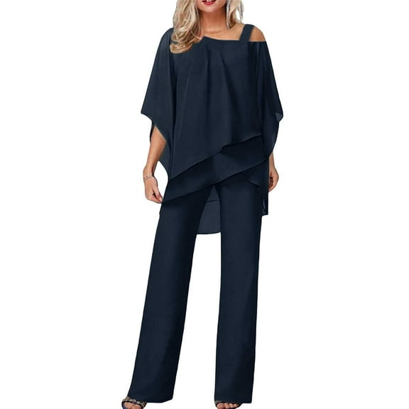 YUEJUIR Womens Elegant Chiffon 2 Piece Outfits Half Sleeve Solid Color Irregular Set Ruffle Blouse Wide Leg Pants for Mother Wedding Guest Pant Suit (Navy Blue,M)