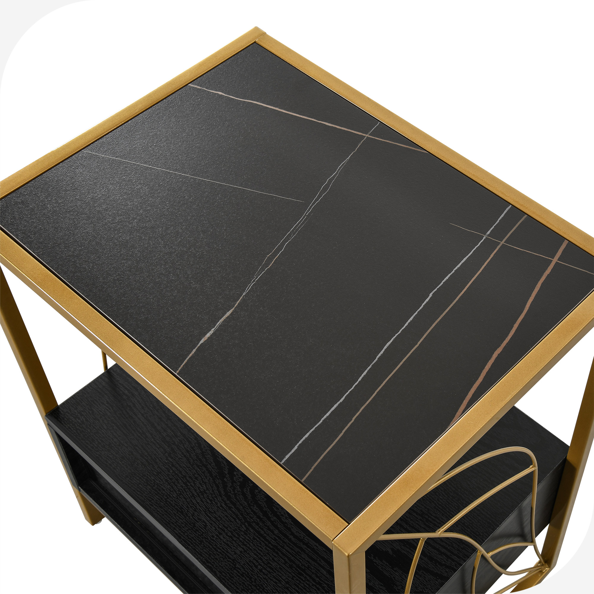 Dextrus End Table with Drawer and Storage Shelf, Modern Nightstand Table Sofa Side Table with Sintered Stone Tabletop and Metal Leaf Shaped Frame for Living Room, Bedroom, Black and Gold