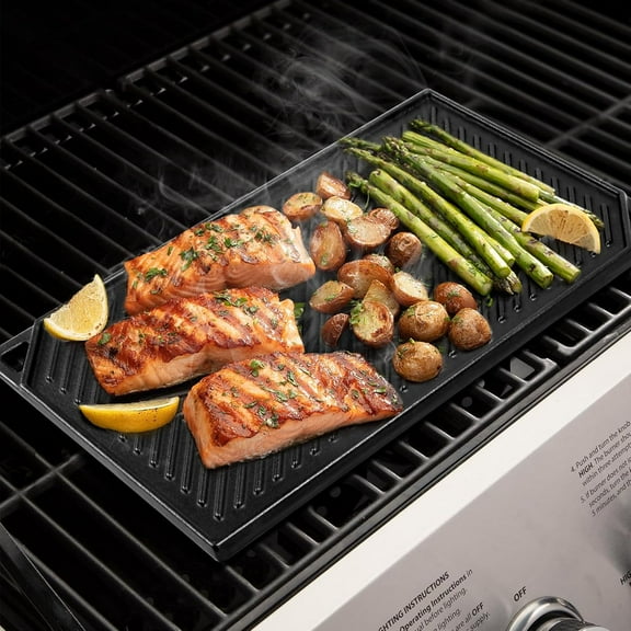 Double-Sided Cast Iron Griddle for Stove, Grill & Outdoor Cooking, 16.5 x 9.5 Inches
