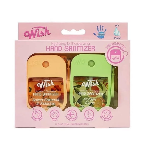 Wish Hand Sanitizer Spray 2 Pack With Silicone Case 1.2FL OZ(35ml)-Salted Caramel-Golden Citrus