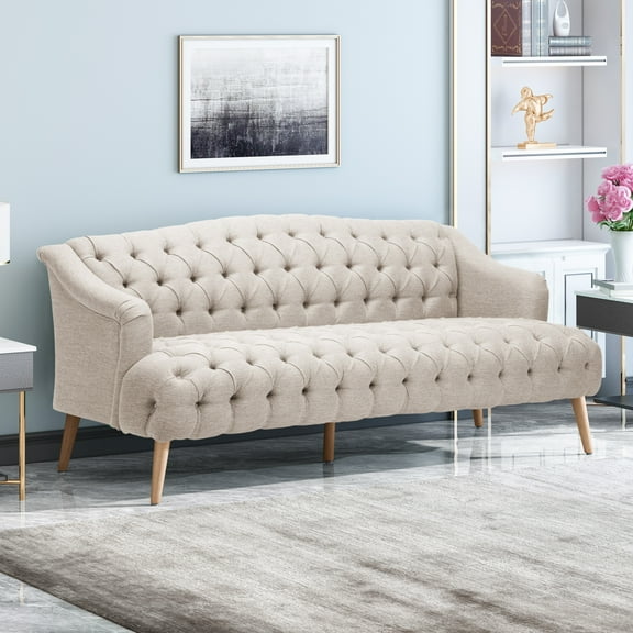 GDF Studio Manila Contemporary Tufted 3 Seater Sofa, Beige Fabric and Natural