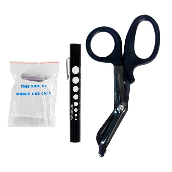MedITAC Titanium Bonded Bandage Shears, Black Disposable Pen Light, CPR Barrier with One-Way Valve, Autoclavable