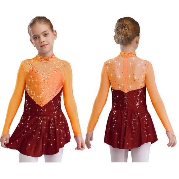LiiYii Kids Girls Figure Ice Skating Dress Mesh Splice Rhinestones Tutu Skirted Leotard Dress for Competition Orange&Burgundy 16