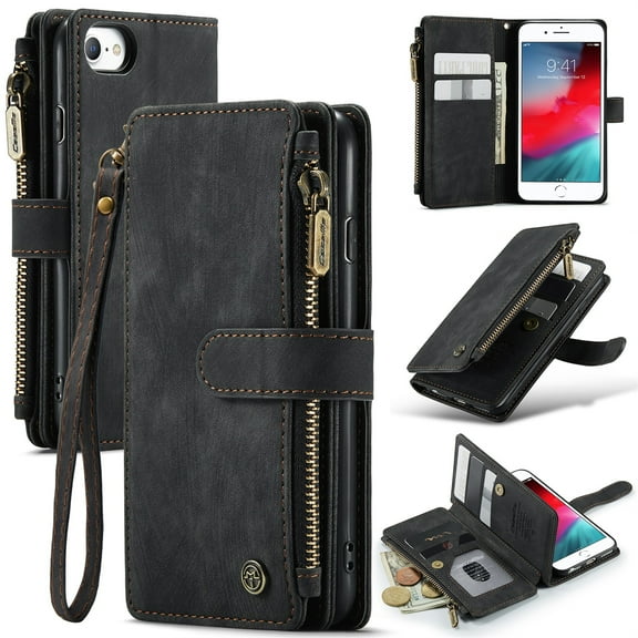 JTCASES for iPhone 7/8/SE Wallet Case with Zipper Purse Card Holders Flip Stand Wrist Strap Magnetic Closure PU Leather Anti-scracth Support Wireless Charging Drop Resistant Business Shell, Black