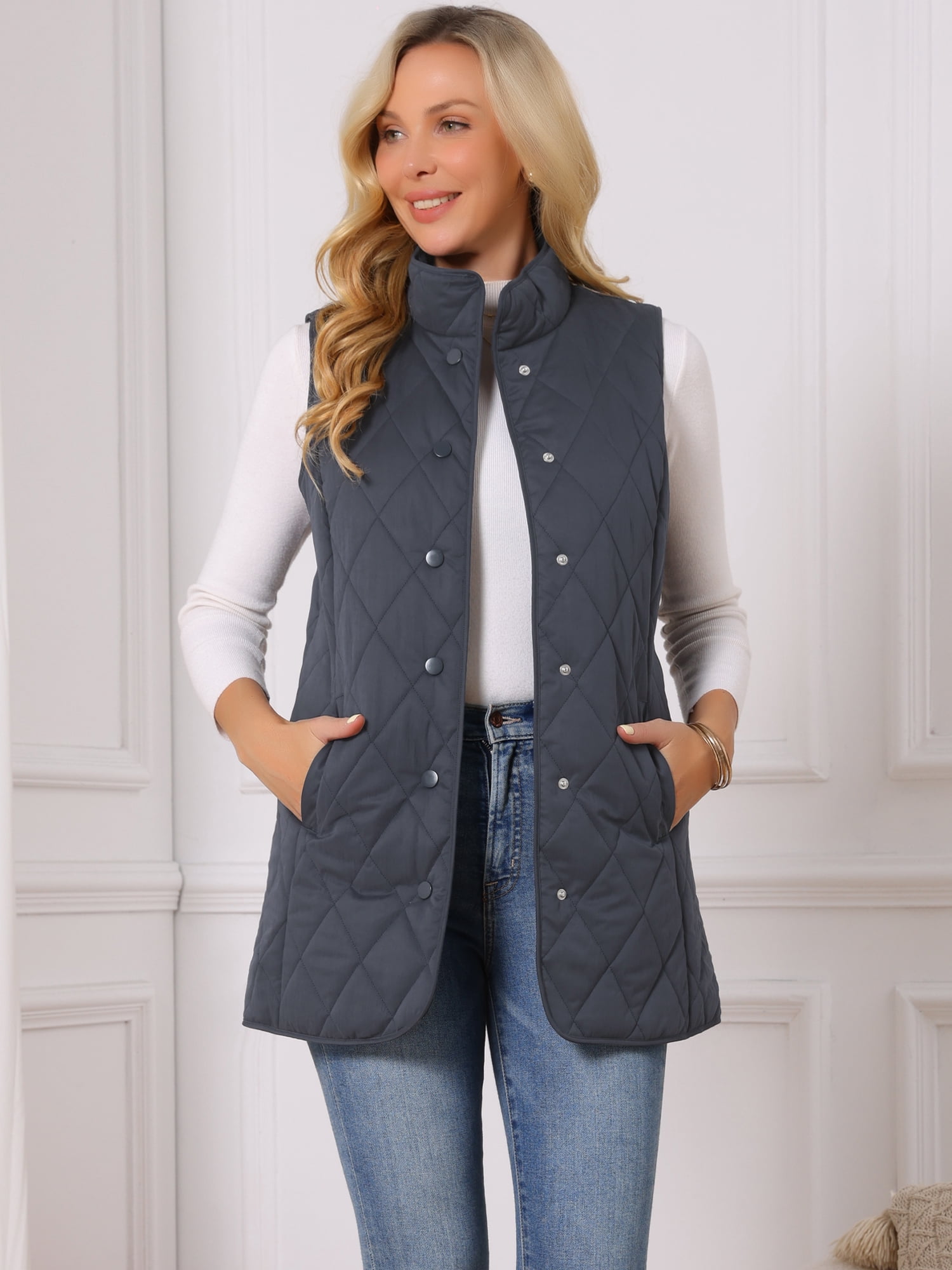 DARING DIVA Women's Stand Collar Sleeveless Puffy Jacket Lightweight Gilet M Dark Blue
