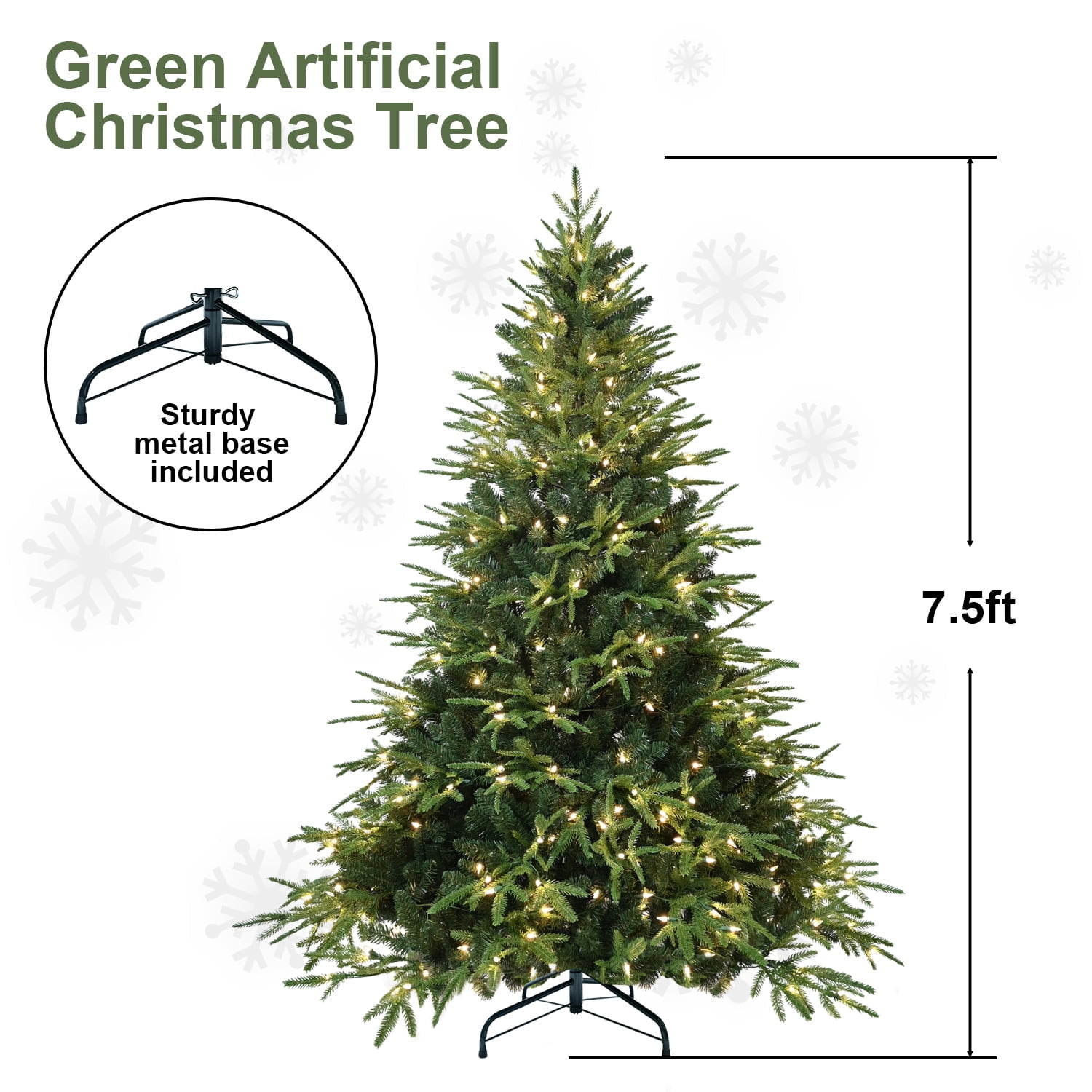 7.5ft Pre-Lit Artificial Christmas Tree with 650 Warm White Incandescent Lights, 3135 Tips, PE+PVC Hinged Pine, Foldable Metal Stand