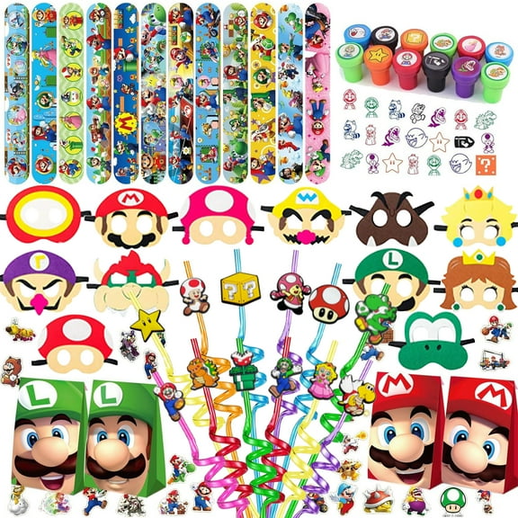 Mario Party Favors, Mario Birthday Party Supplies Kit Includes 12 Slap Bracelets, 12Straws, 12 Bags, 12 Masks, 12 Seals, 50 Stickers for Mario Party Decoration