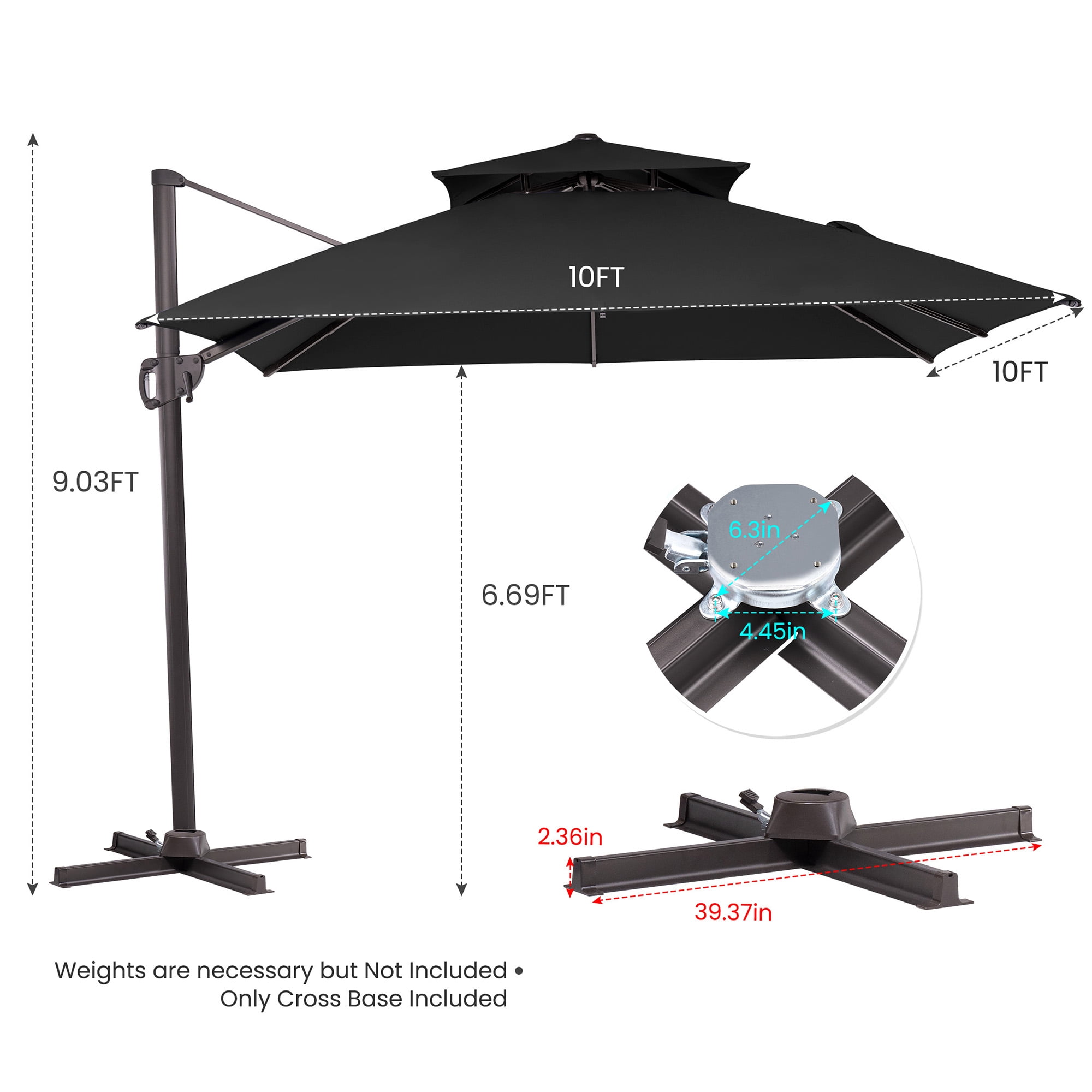 Pellebant 10 ft. x 10 ft. Square Double Top Patio Cantilever Umbrella, Black