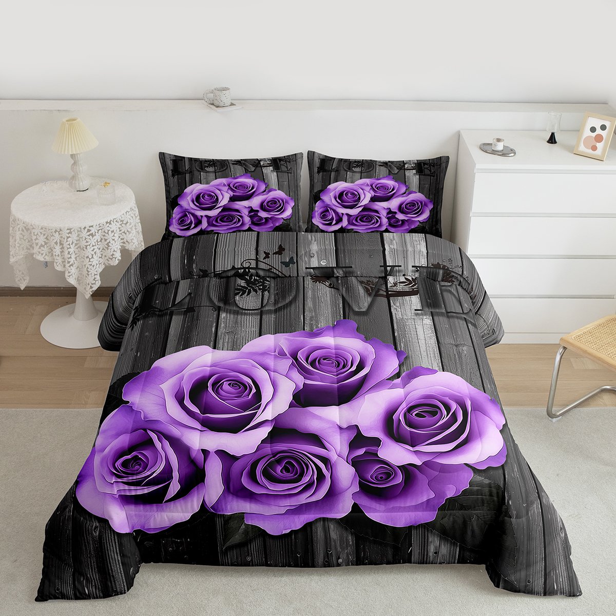 Lavender Color Rose Comforter Set Full Purple Black Grey Flower Bedding Set Women Couple Romantic Floral Down Comforter Retro Farmhouse Quilt Duvet Gifts For Valentine'S Day Wedding