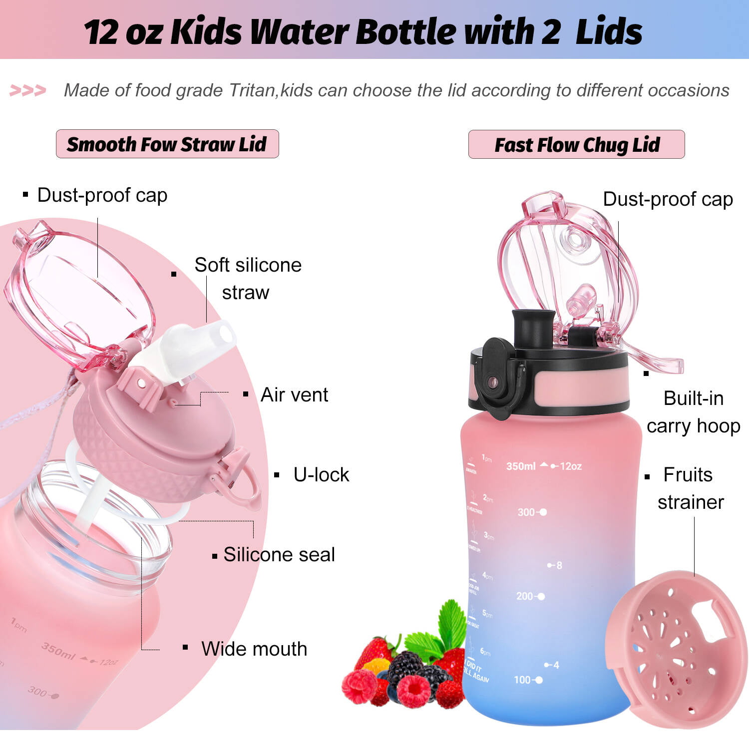  OLDLEY Insulated Water Bottle 12oz Kids Water Bottles with  Straw, Stainless Steel Water Bottle with 2 Lids, Double Wall Vacuum Bottle,  Leak-Proof Sports Bottles for School Travel, Light Pink-Blue: Home 