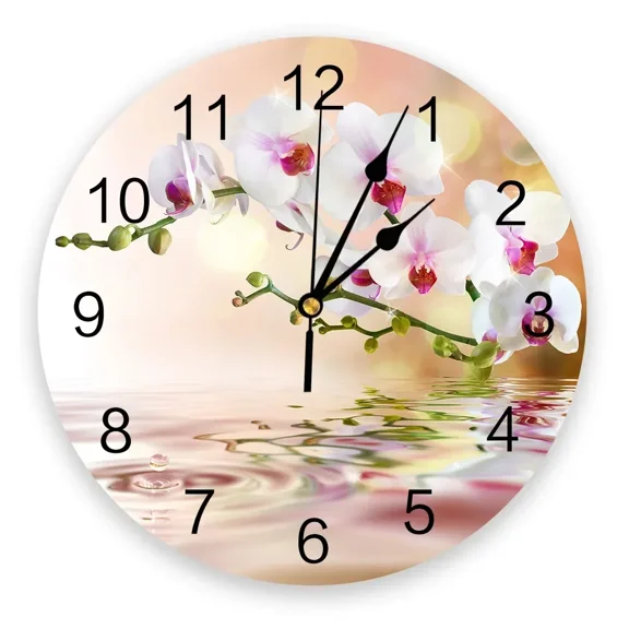 Flower Pink Orchid Reflection Silent Wall Clock Kitchen Living Room Bathroom Bedroom Office Decorative Hanging Clocks（10 Inch）