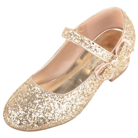 

ABSOLUTE FOOTWEAR Childrens Kids Girls Glitter Easy Slip On Strap Bow Design Heeled Pumps - Gold - US Infant 1.5
