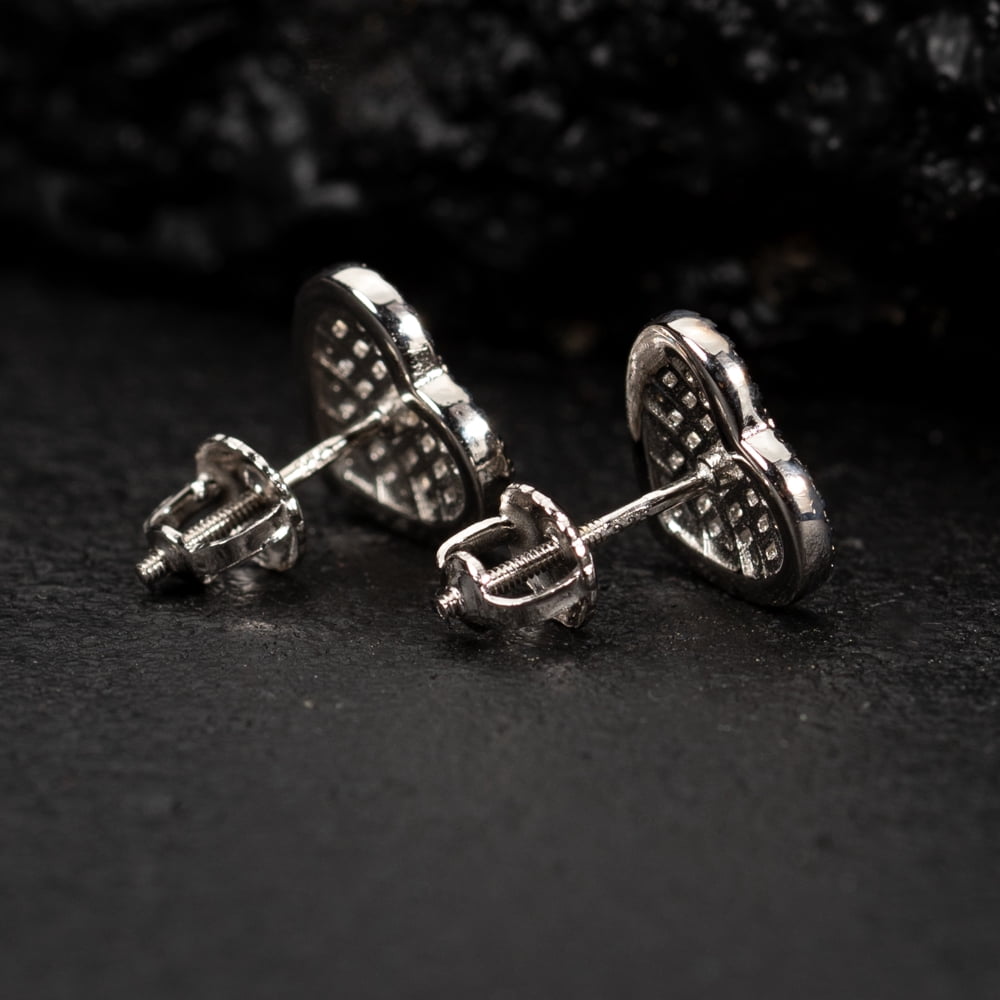 Women’s Cute White Gold 925 Sterling Silver Iced Baguette Heart Stud Screw Back Earrings