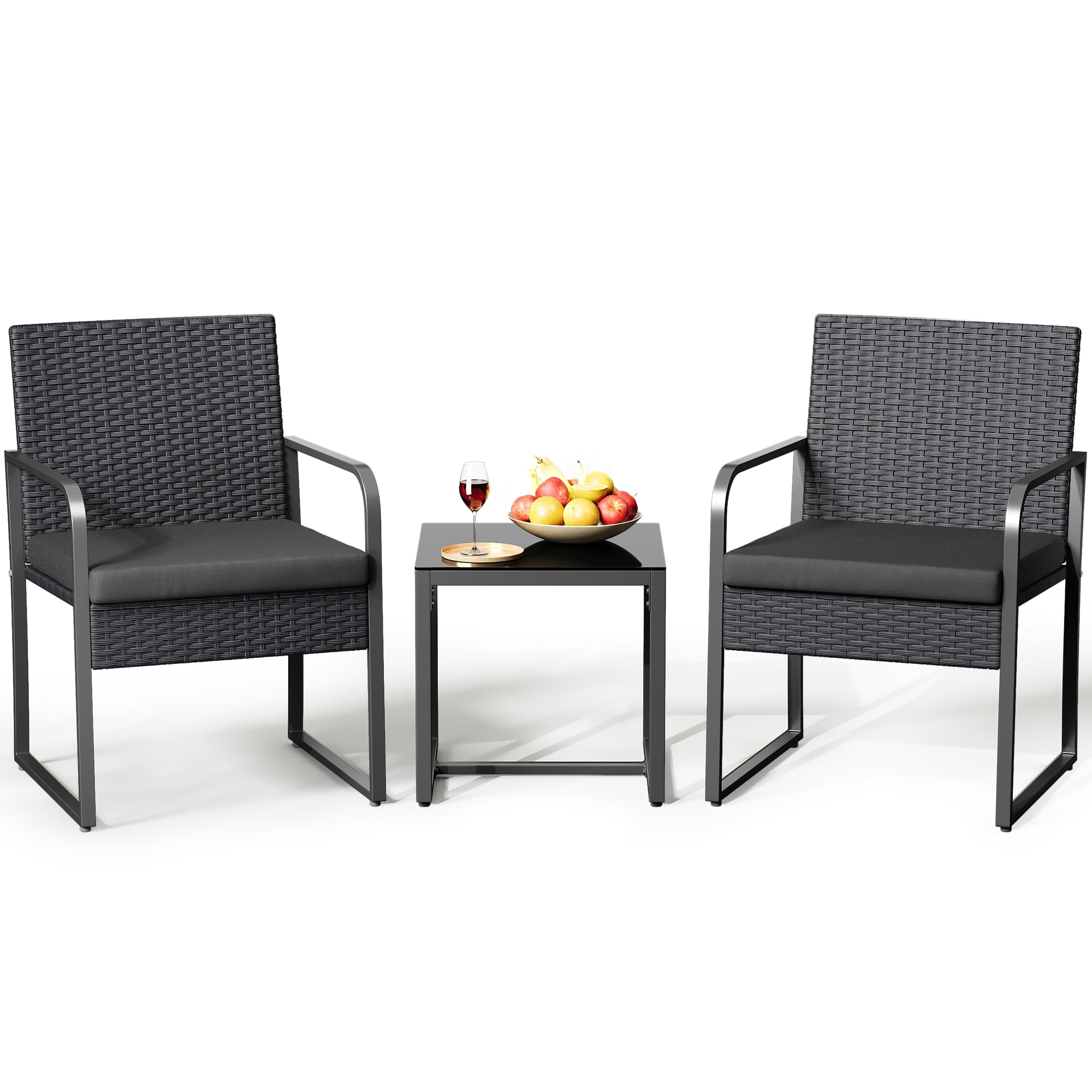 Lofka Patio Furniture Outdoor Conversation Set with Tempered Glass Coffee Table and 2 Seats for Porch | Bistro | Balcony, Black Cushion