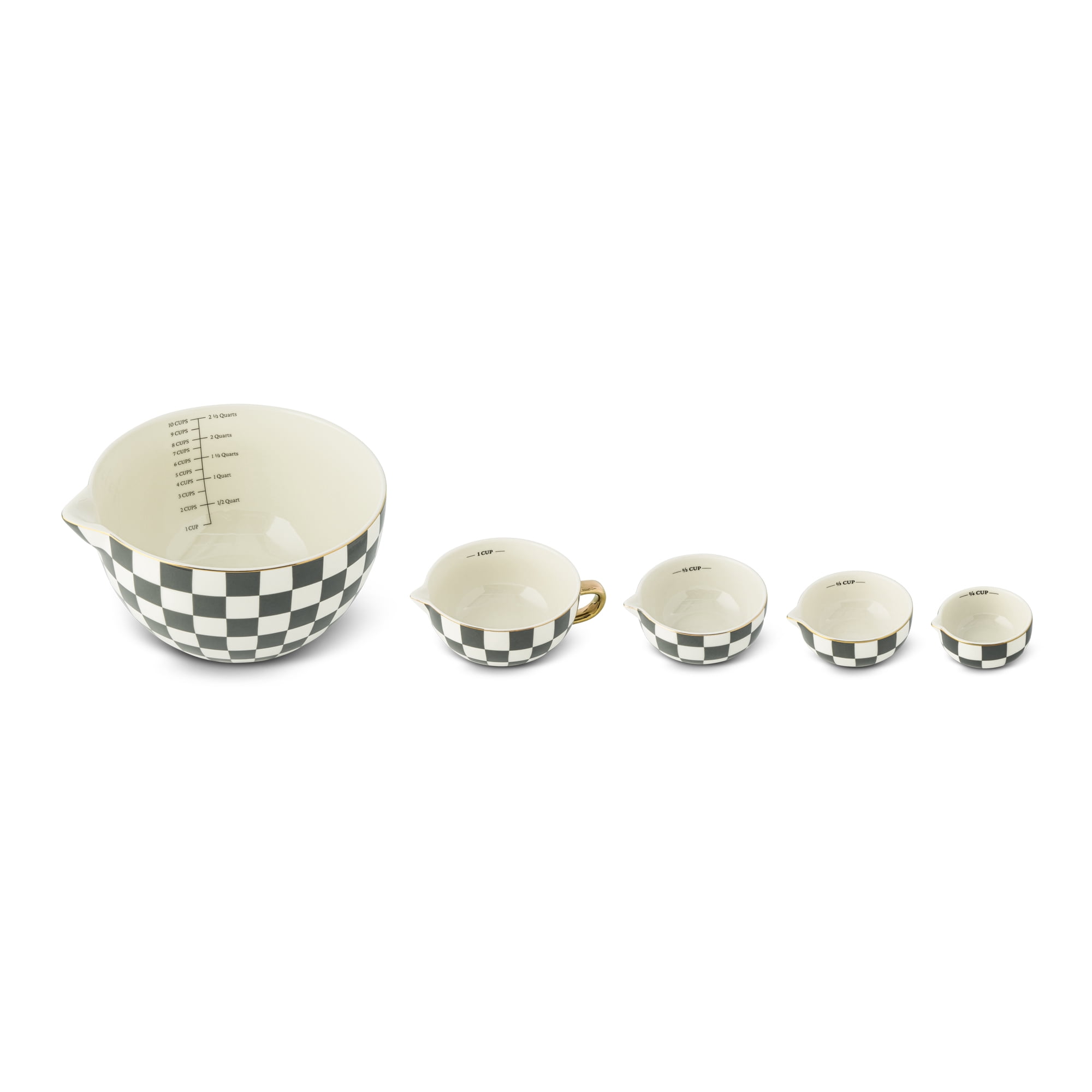 Thyme & Table 5-Piece Ceramic Mixing Bowl and Measuring Set - Green Checkered