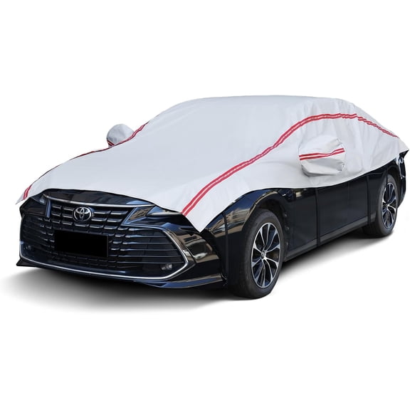 Half Car Cover Sedan,Top Cover with Red Reflective Strip, Hail Protector Car Cover with Cotton Liner, Sunroof & Windshield Cover for Ice and Snow, All Weather Car Body Cover for Sun, Rain, Dust