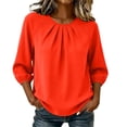 thumbnail image 2 of SSZMDLB Women Round Neck 3/4 Sleeve Pleated Blouse Casual Basic Summer Tops Fashion Tee Shirt Comfy Vacation Outfits Work Clothes, Orange 2XL, 2 of 9
