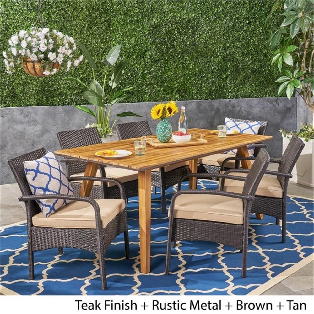 Gideon Outdoor 7 Piece Industrial Acacia Wood and Wicker Square Dining Set with Cushions, Brown, Teak, Tan