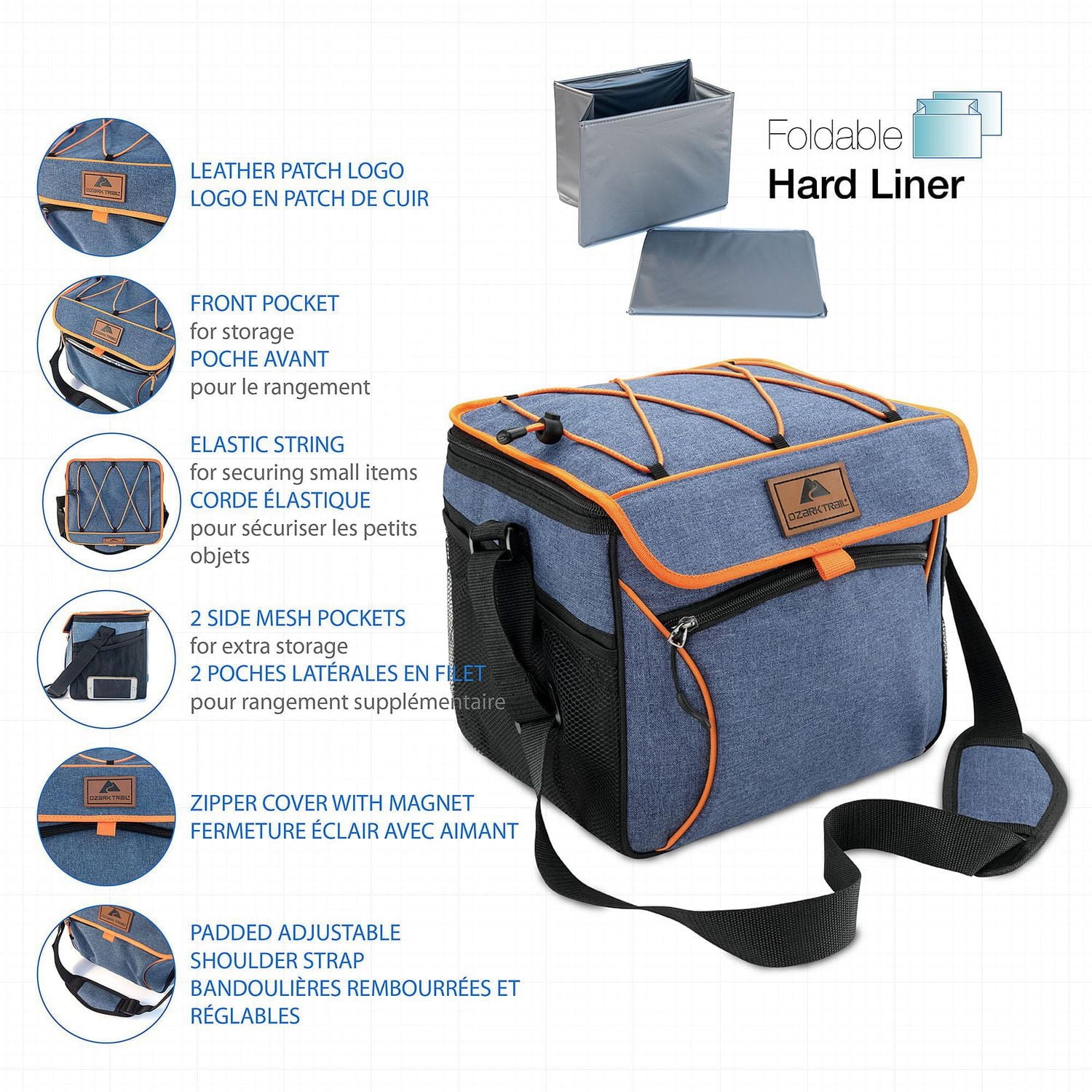 Glacière pliable Ozark Trail 24 canettes avec doublure rigide, couleur bleue, capacité de volume de 8,37 pintes ou unité de mesure de 24 canettes.