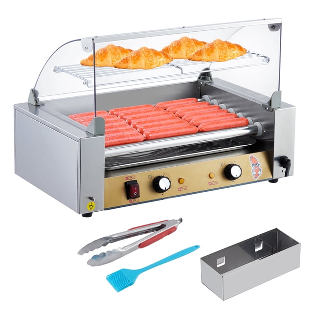 Machine de Gril à Rouleaux pour Hot-Dogs en Acier Inoxydable – 7 Rouleaux, 1050 W, Double Contrôle de la Température, Chauffe-Petits Pains, Plateau d'Égouttement d'Huile Amovible, Capuchon en Verre/acrylique, pour Usage Commercial et Domestique – Sept Bâtons
