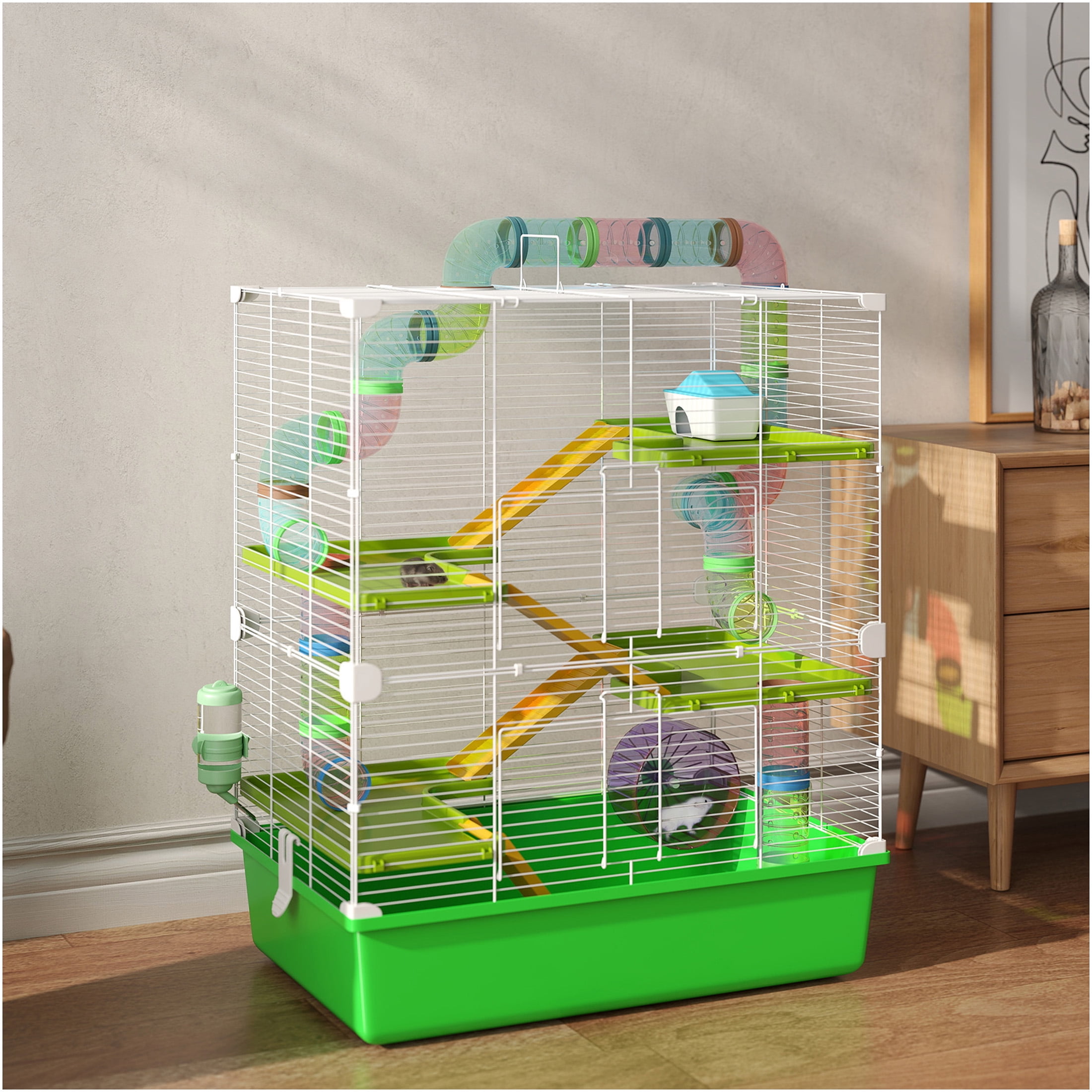 JERFIT 5-Tier Large Hamster Cage with Tubes, Wheel, Water Bottle & Food Dish - Green Steel Habitat for Mice, Rats, Gerbils