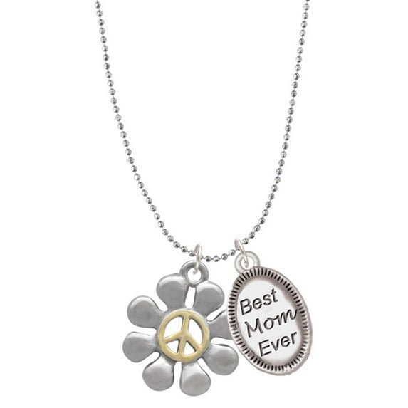 Delight Jewelry Two-tone Large Daisy with Peace Sign Best Mom Ever Charm Necklace