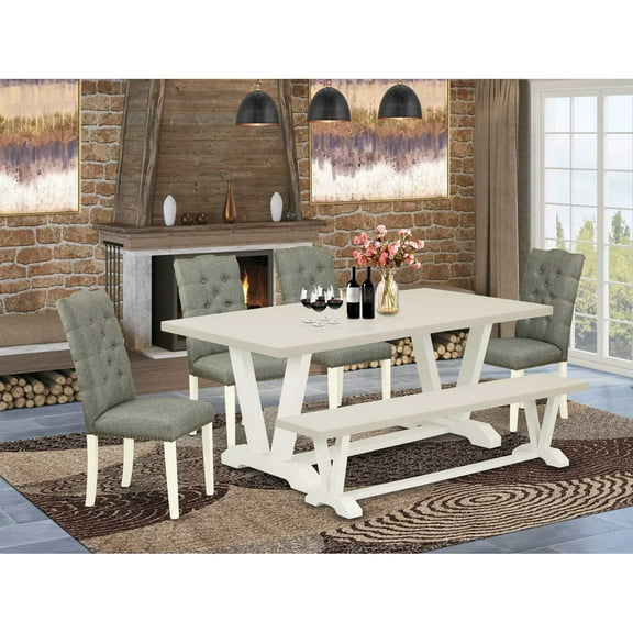 East West Furniture 6-Piece Dining Room Set- 4 Parson Chairs with Smoke Linen Fabric Seat and Button Tufted Chair Back - Rectangular Top & Wooden Legs Wood Kitchen Table and Wood Bench - Linen...