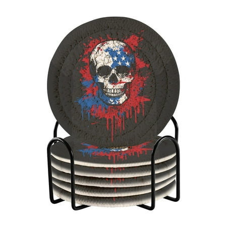 

6-Pack Polyester Coil Coasters with Holder - Heat-Resistant (140℃) Non-Slip & Durable，Flag Skull