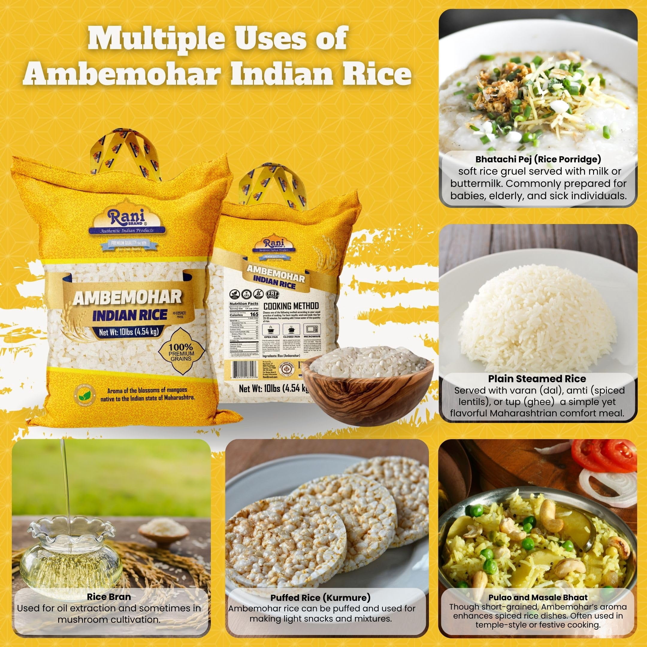 Rani Ambemohar Indian Rice 160oz (10lbs) 4.54kg Cloth Bag ~ All Natural | Gluten Friendly | Vegan | Kosher | Export Quality | Indian Origin