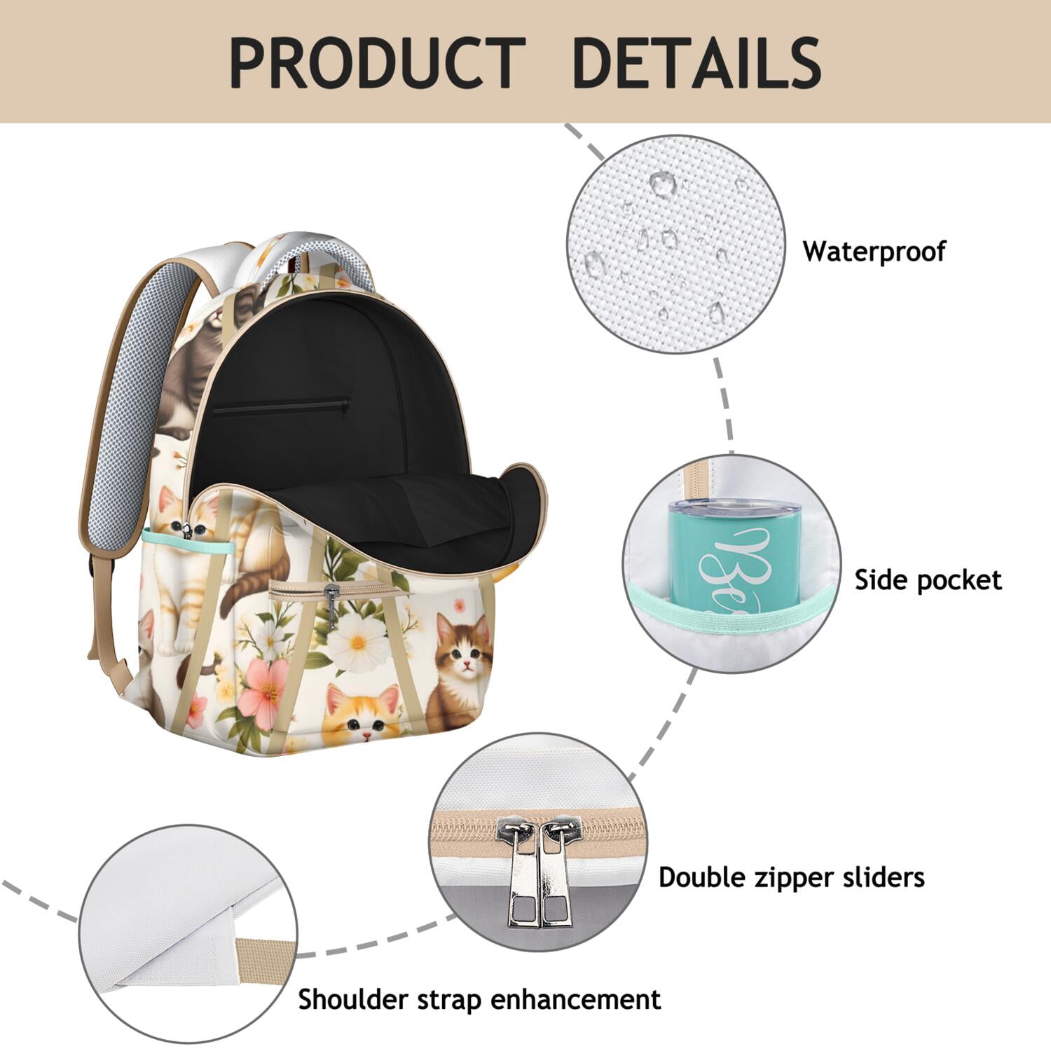 Pet Lover's Waterproof Backpack - Cute Cat Illustration, Ergonomic Design with Spinal Support