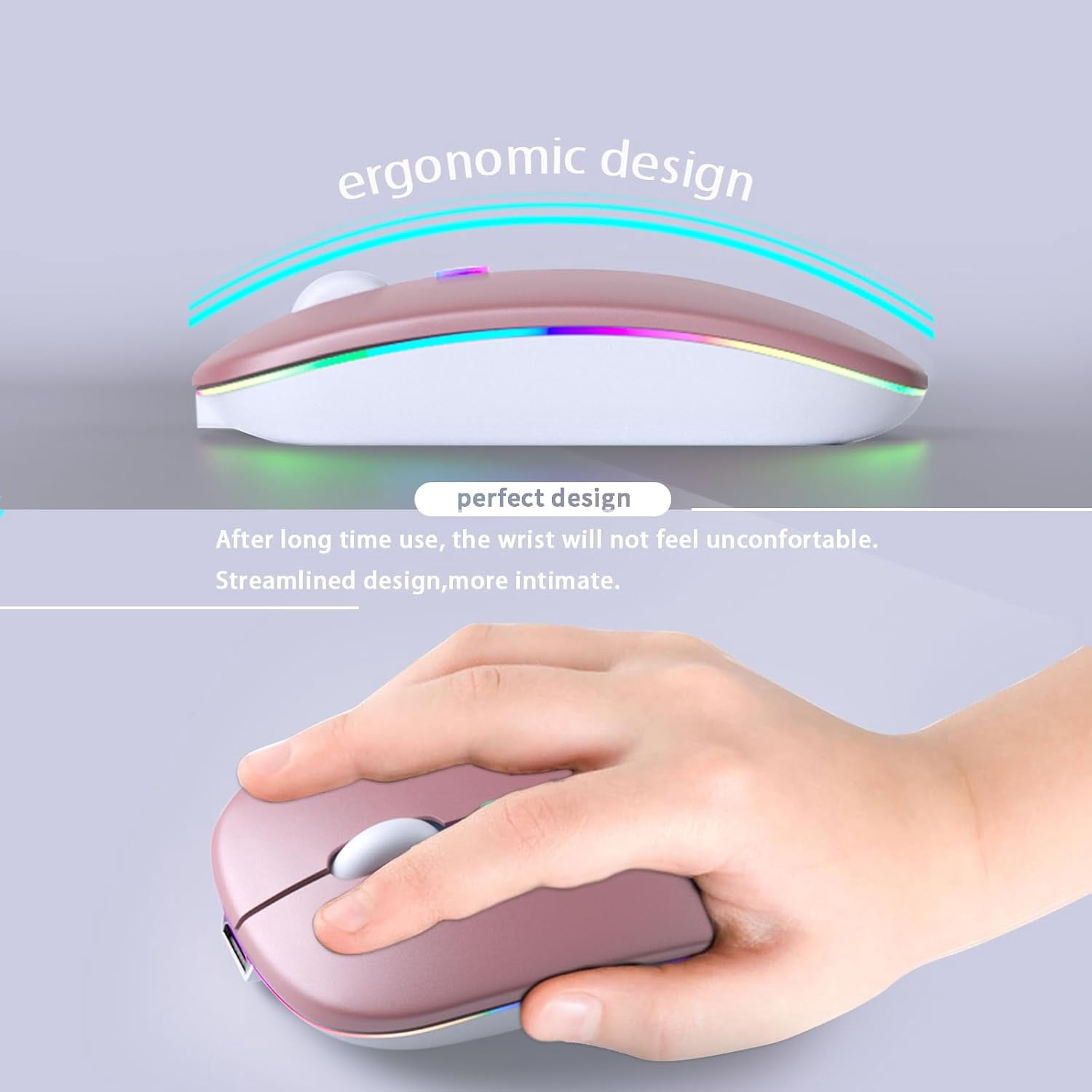 Wireless Bluetooth Mouse – Rechargeable, Silent, Dual Mode (Bluetooth 5.2 & USB) with LED Lights – Portable for Laptop, Desktop, & Tablet(Black)