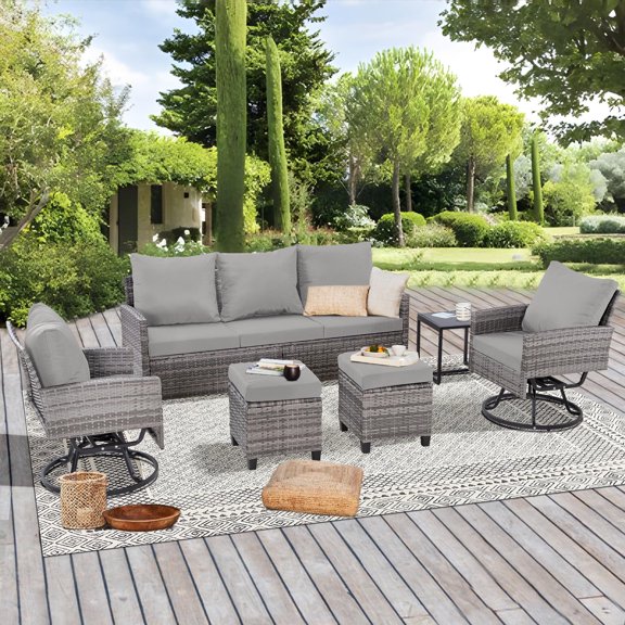 6 Pieces Outdoor Swivel Patio Furniture Set, Wicker Sectional Couch Conversations Sets Rattan Sofa with 360° Swivel Rocking Chairs for Porch Backyard Garden-Grey