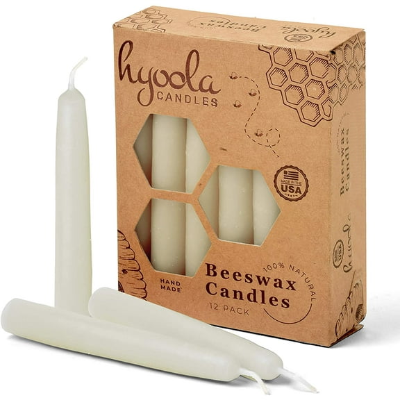 Hyoola, 4 Inch x 1/2 Handmade All Natural Beeswax Taper Candles - White Unscented (12 Pack)
