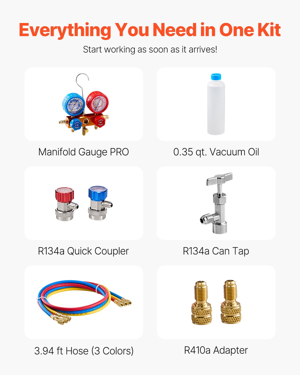 VEVOR 3.5 CFM AC Vacuum Pump and Gauge Set,Single Stage Rotary Vane HVAC Air Vacuum Pump,A/C&nbsp;Refrigerant&nbsp;Manifold Gauge Kit, with Hoses,for R134a,R12,R22,R502a,R410A,R404,R407C Refrigerants
