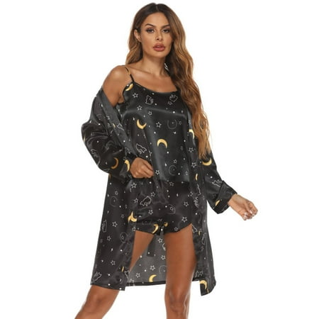 

Women s Silk Satin Pajamas Sets 3Pcs Floral Silky Pjs Robe Set with Chemise Shorts Long Sleeve Nightgowns