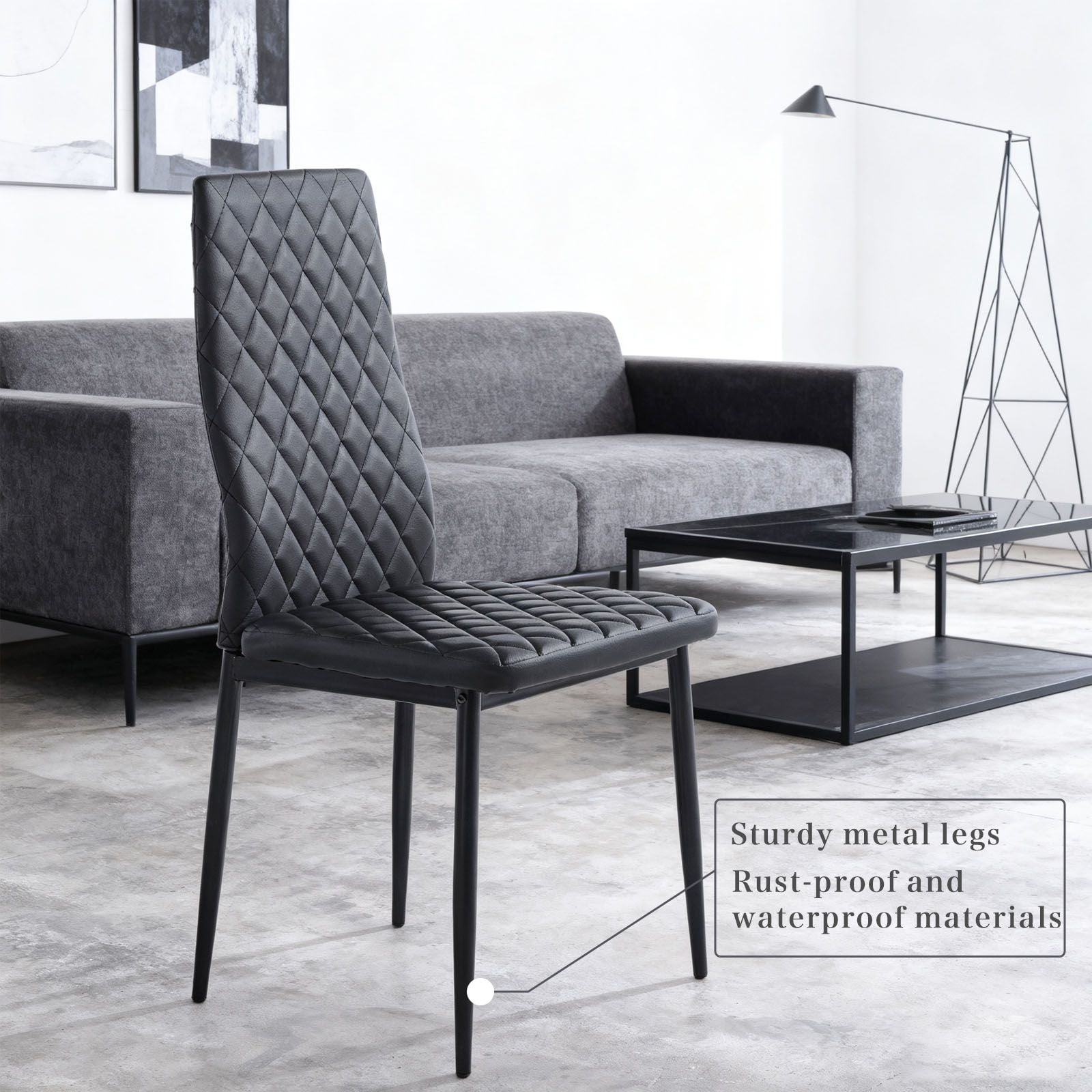 Noble House Ensemble de 6 Chaises de Salle à Manger Modernes, Revêtement en Cuir Ignifuge avec Motif à Carreaux en Diamant et Cadre en Métal, Noir