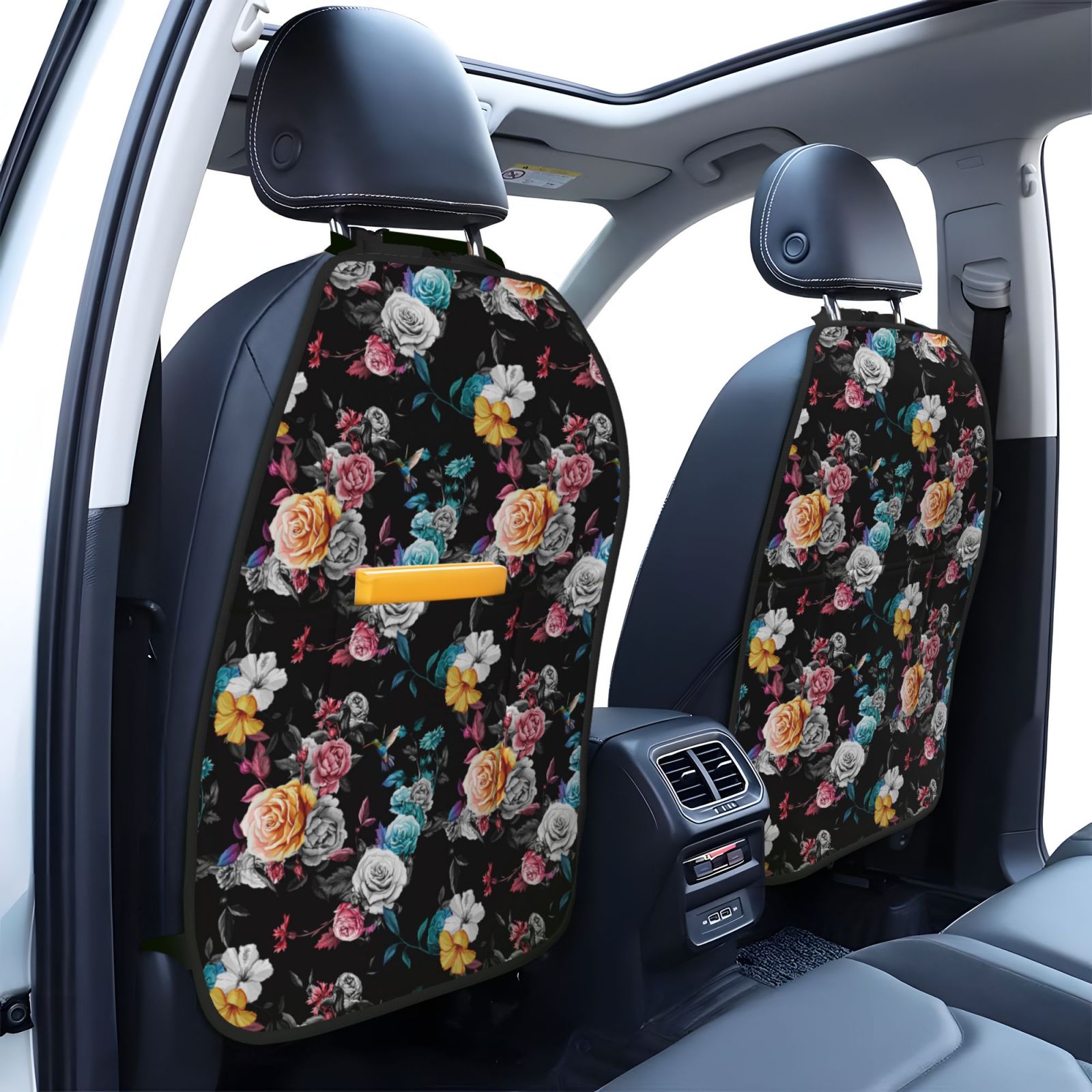 Kdxio Hibiscus Rose Print 2 Pack Car Kick Mat Seat Cover Back Protector Mat with Pockets for Organizer Backseat Protector and Storage Anti Kick Pad for Vehicles