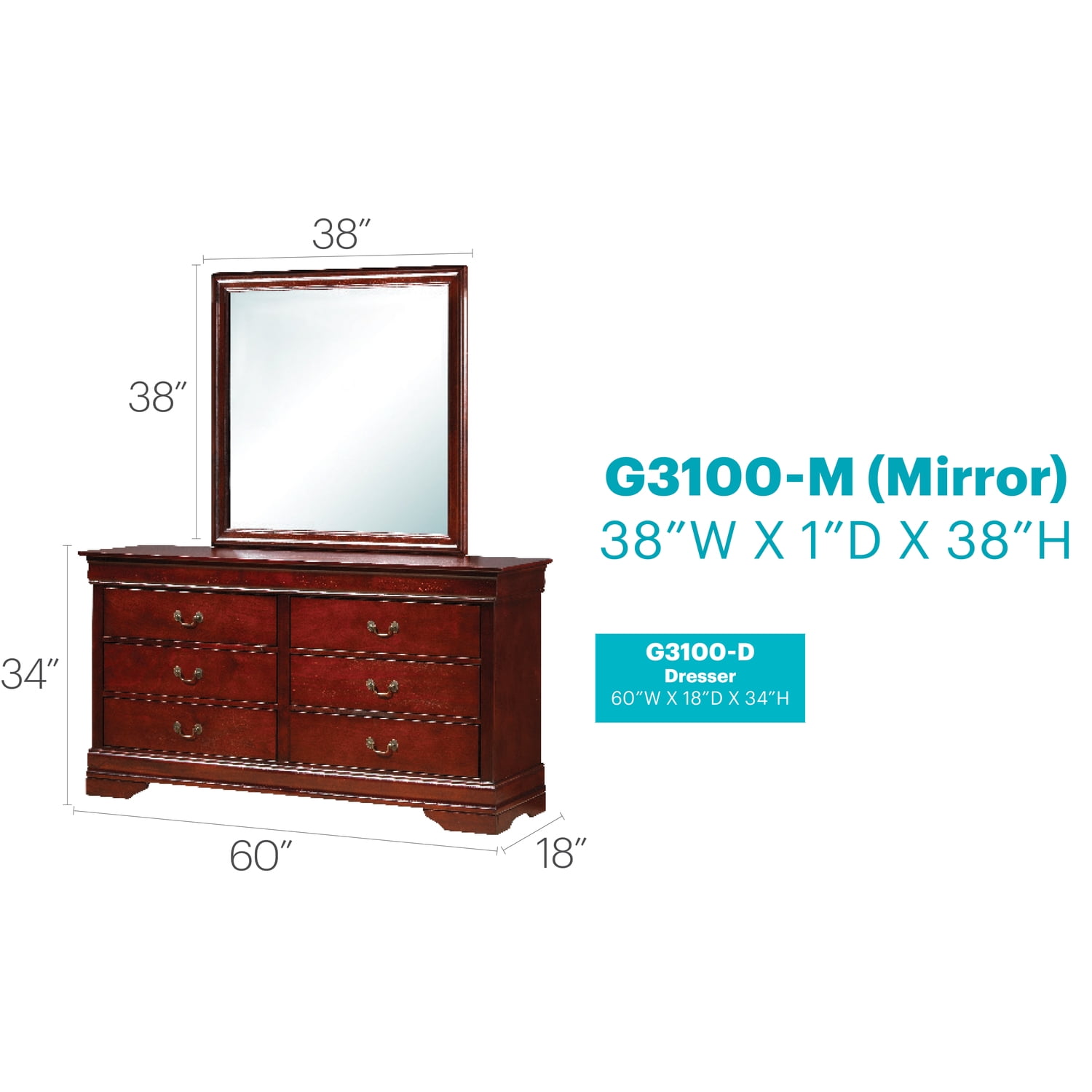 Glory Furniture Louis Phillipe 6 Drawer Dresser in Cherry