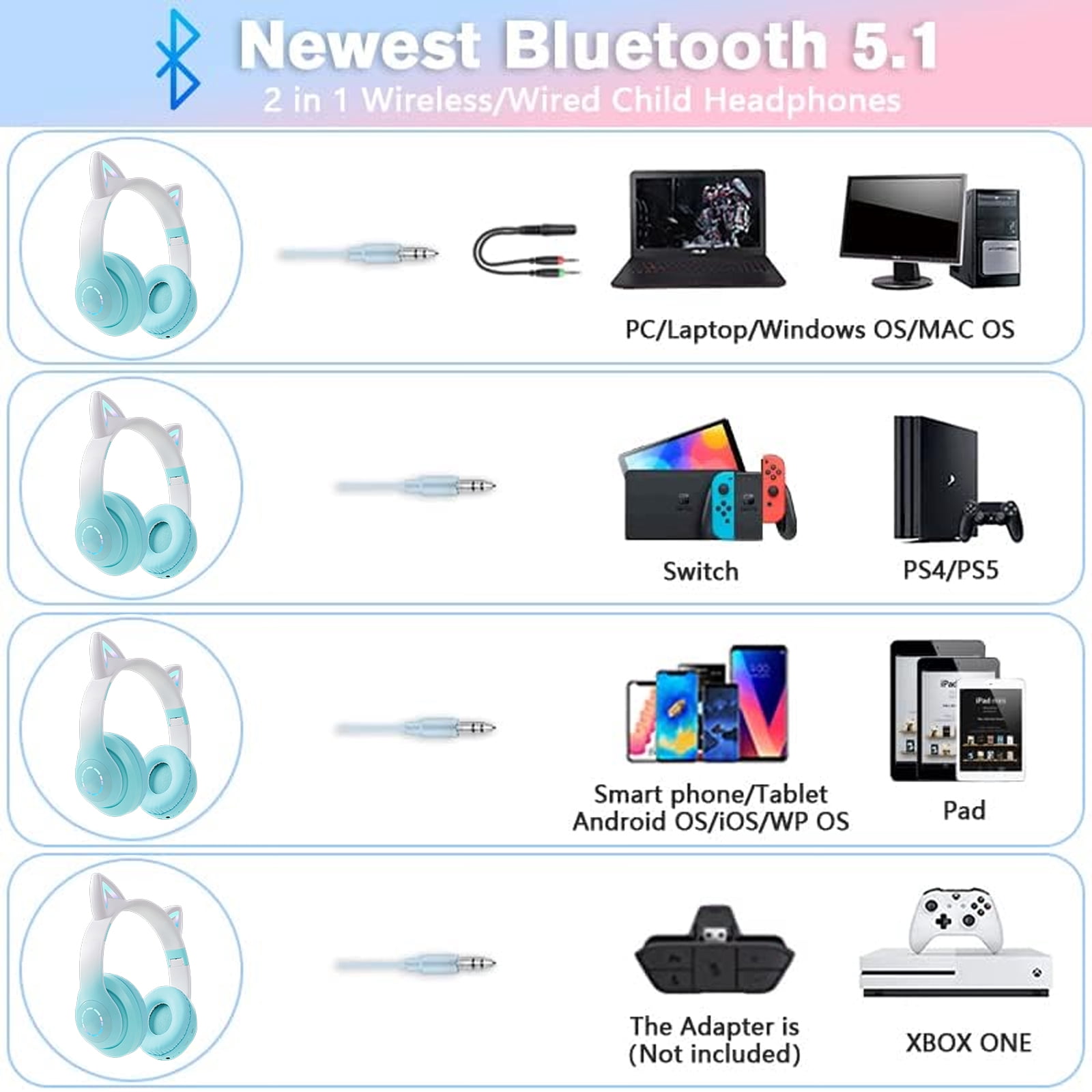 Soapow Cat Ear Kids Bluetooth Headphones for Girls for School, Foldable Gaming Headset with Microphone/LED Light up, Adjustable Headband Teens Toddlers Wireless Earphones for Tablet/PC(Green)