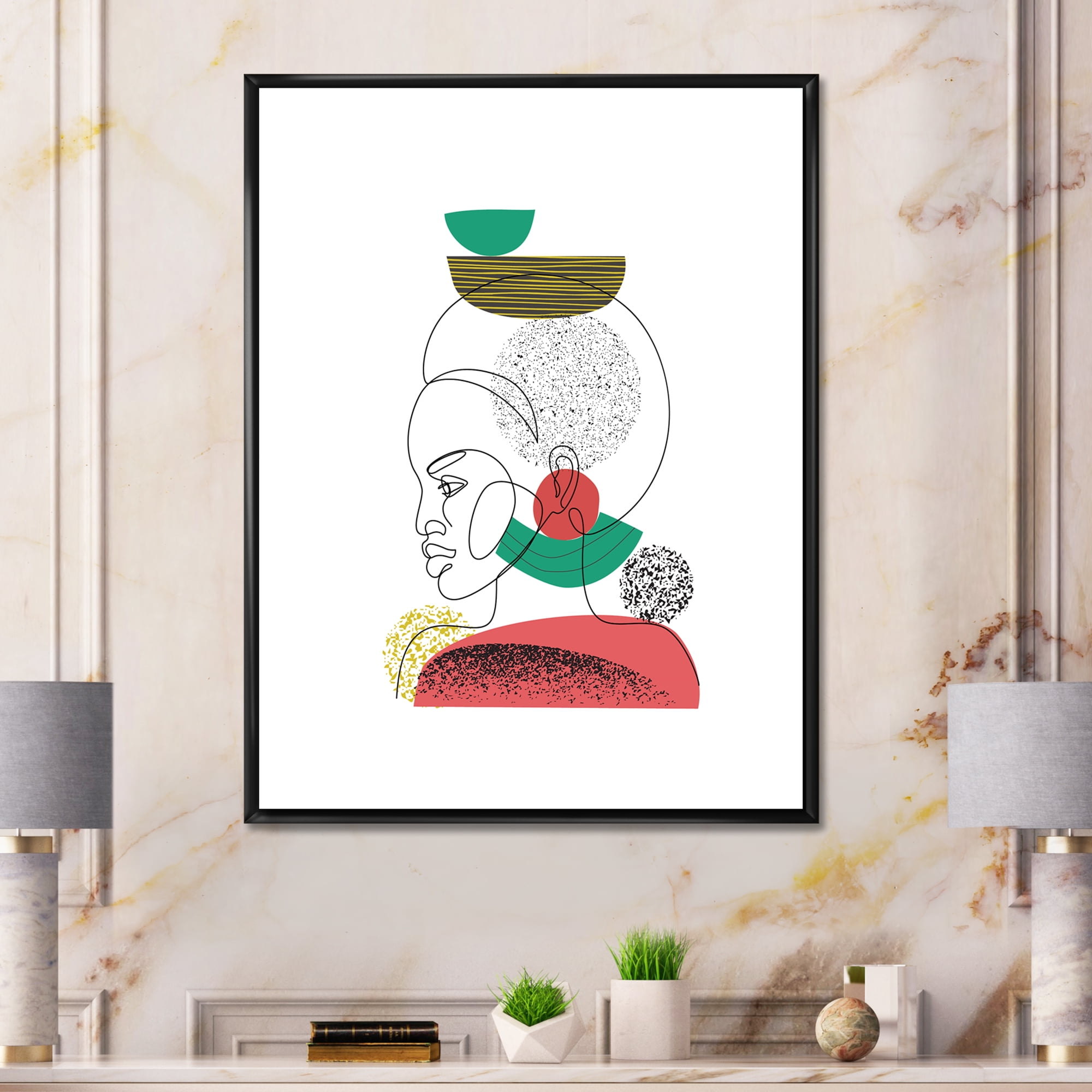 Designart 'One Line Portrait of Afro American Women VI' Modern Framed Canvas Wall Art Print