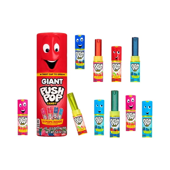 Giant Push Pop Container with Individually Wrapped Lollipop Variety Party Pack , 10 Lollipops Suckers in Assorted Fruity Flavors inside candy container, Fun Candy for Gifts
