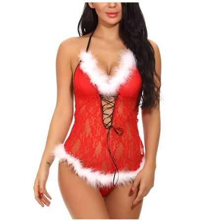 

Crotchless Lingerie For Women Seamless Underwear Sleepwear Christmas Women Plush Solid Sets Bandage Temptation Babydoll Underpants Halter Nightdress h Strap Set Nightdress with Thong Red