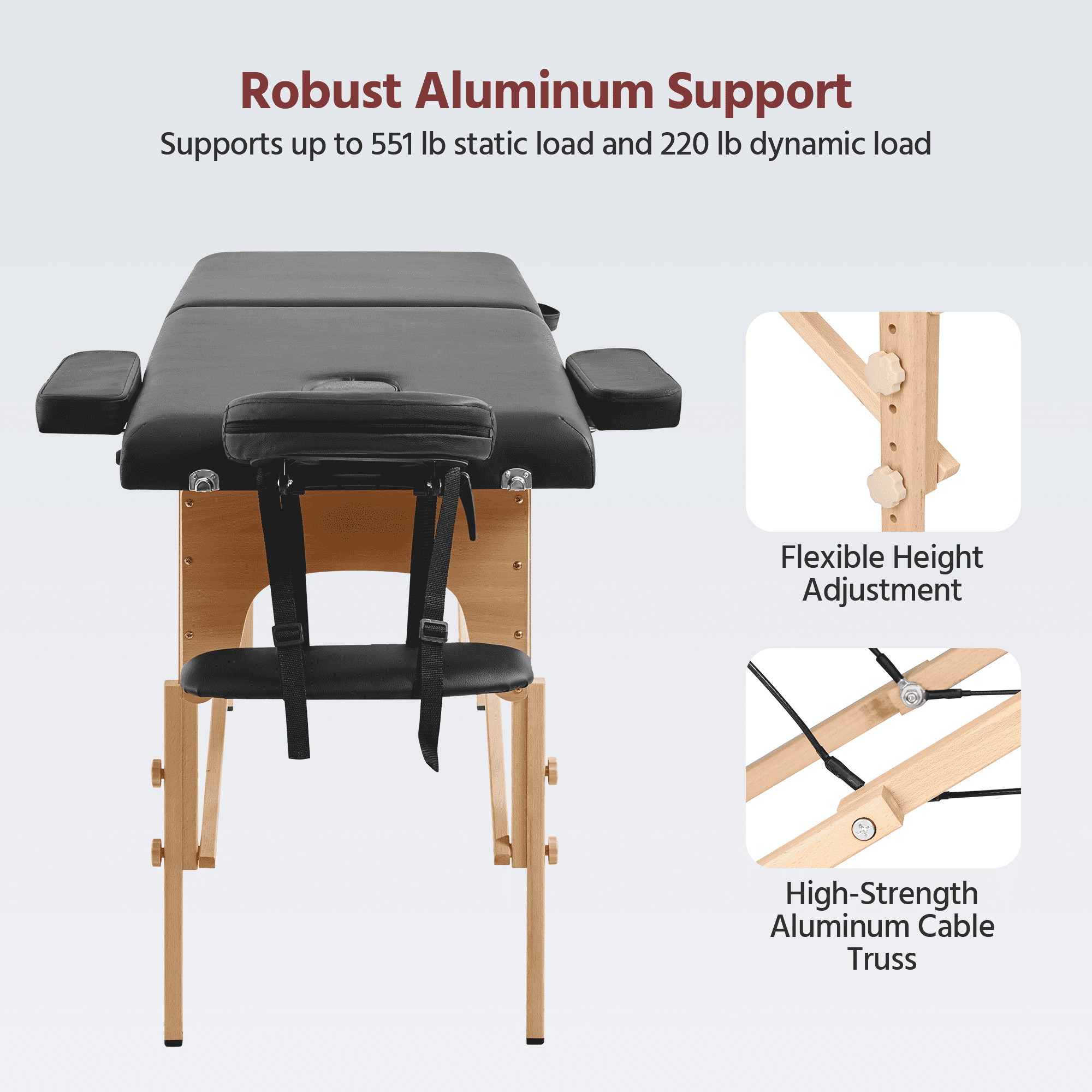 Alden Design 2 Section Adjustable and Foldable Wooden Massage Table, 84" x 30.5", Black