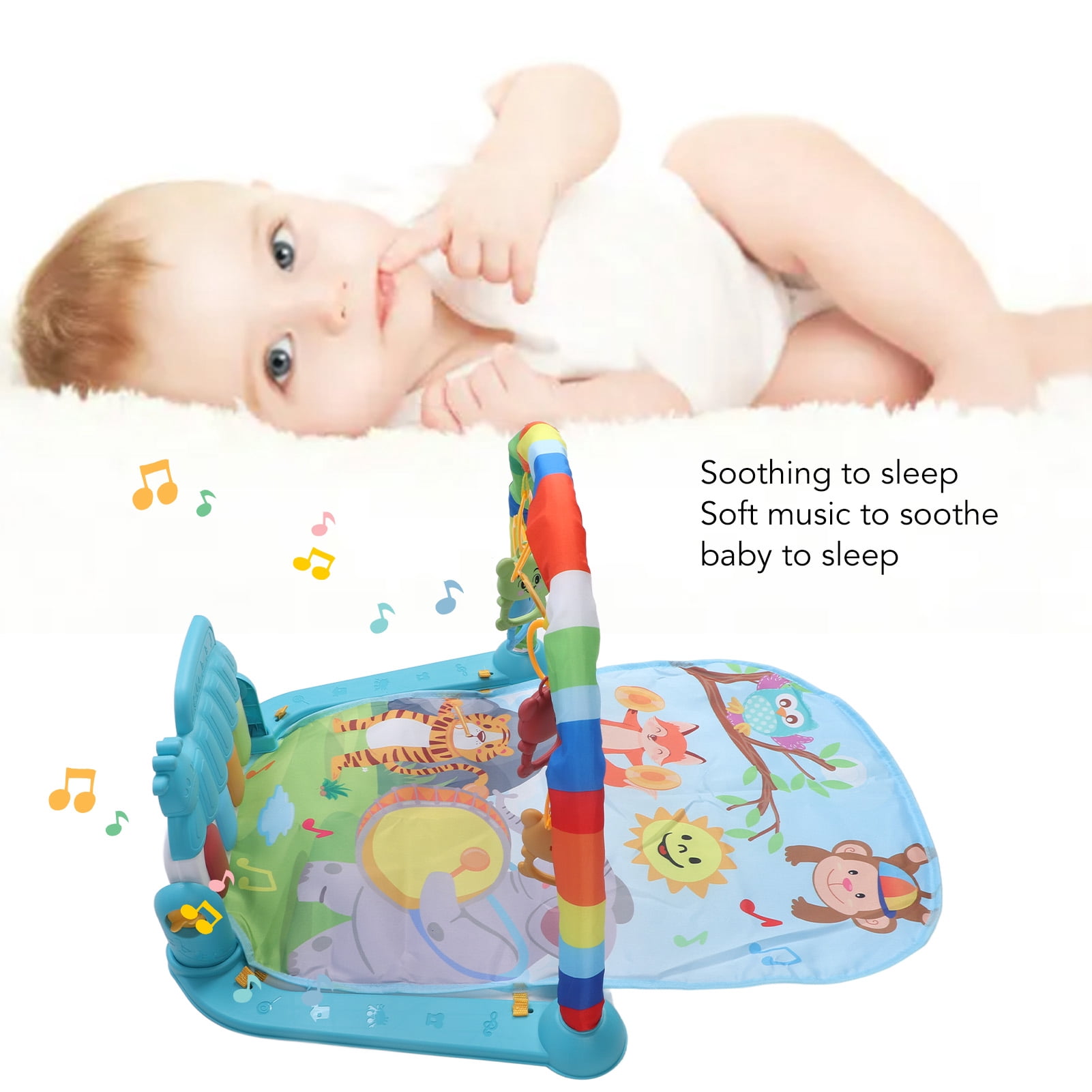 BIMZUC Baby Gyms Play Mat Infant Activity Play Piano Tummy Time Mat with Hanging Rattles Monkey and Owl Pattern, Multicolor