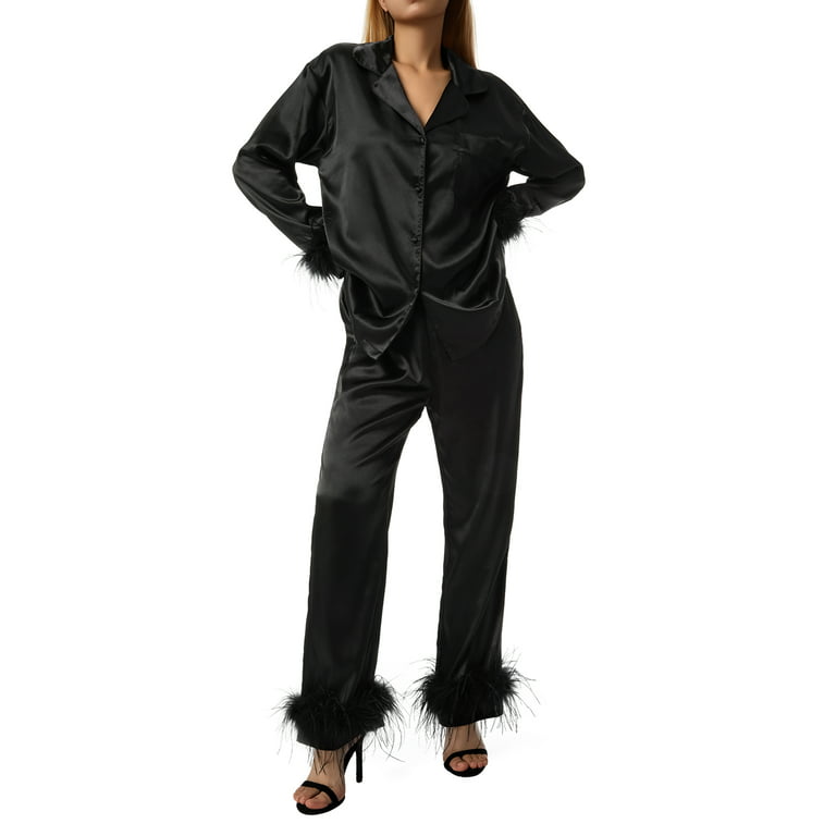 Women Satin Silk Pajamas Set Long Sleeve Nightwear Feather Trim