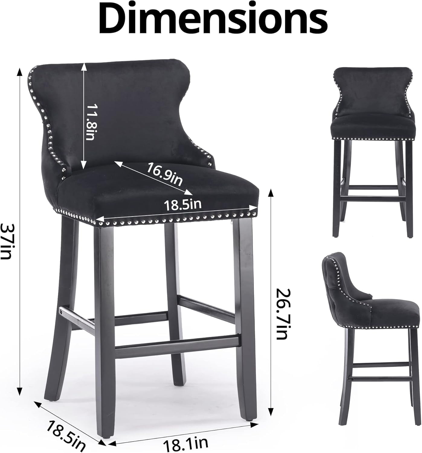 Velvet Wing-Back Bar Stools Set of 2, Button Tufted with Nailhead Trim & Solid Wood Legs, Counter Height Bar Chairs for Kitchen Island Dining Room Pub，Black