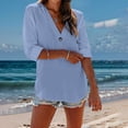 thumbnail image 4 of YWIYIUD Women Cotton Linen Lightweight Hooded Shirt Drawstring Button Down Blouses for Women Dressy Casual Short Sleeve V Neck Cardigan Summer Clothes Oversize Casual Blouses, 4 of 8