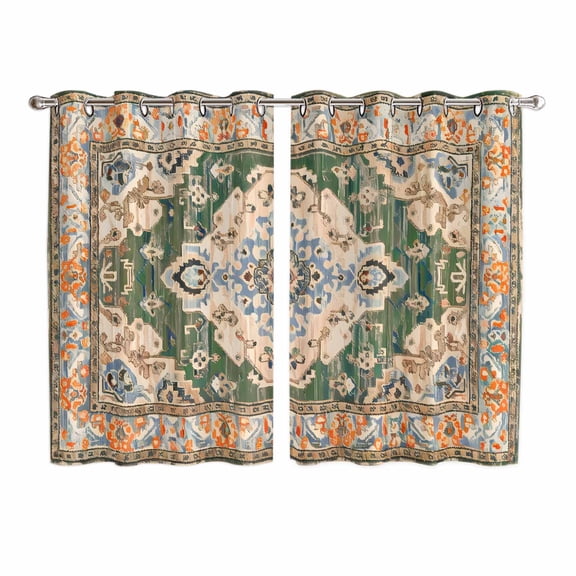 Boho Kitchen Curtains 72 Inch Length, Green Brown Ethnic Tribe Abstract Vintage Western Grommet Top Bedroom Living Room Curtains, Light Filtering Cafe Curtain Drapes 2 Panels Set 104''x72''