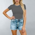 thumbnail image 2 of GUACER Women's Short Sleeve T Shirts Fashion Contrast Denim Trim Crew Neck Casual Tops Slim Fit Tee, 2 of 5