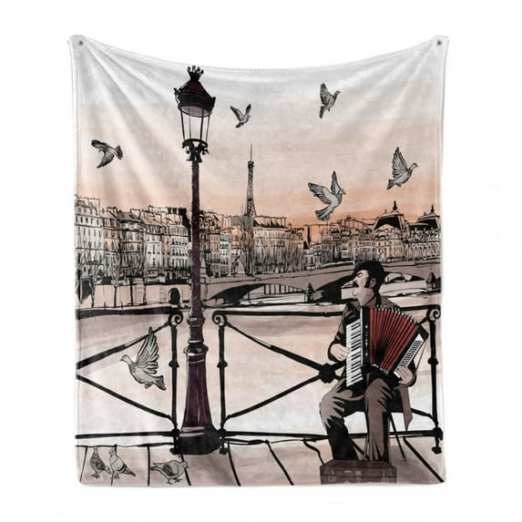Music Soft Flannel Fleece Blanket, Accordionist Playing Paris Street Urban European Famous City Panorama Graphic Scene, Cozy Plush for Indoor and Outdoor Use, 50" x 60", Peach Brown, by Ambesonne